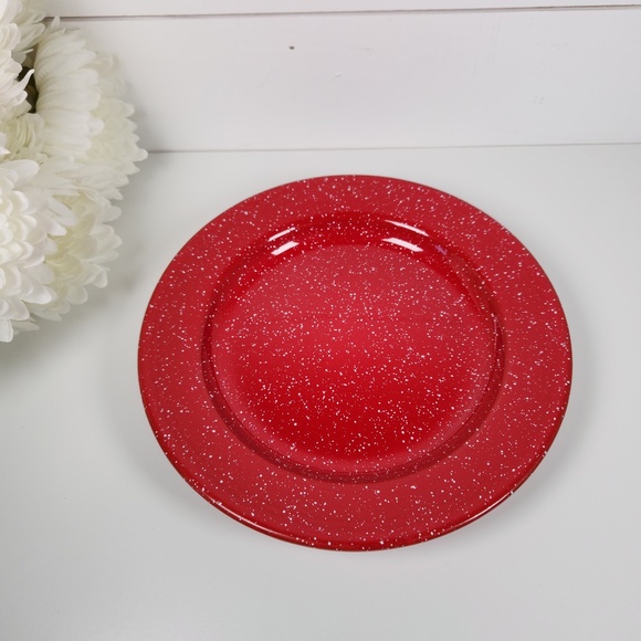 VTG Red & White Speckled Enamelware Plate 10"- Set of 4- Metal Stackable Plates - Picture 1 of 6